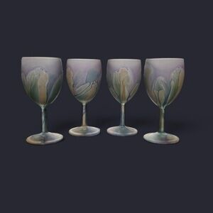 Set if 4 Hand Painted Rueven Wine Glasses by Nouveau Art Glass Company